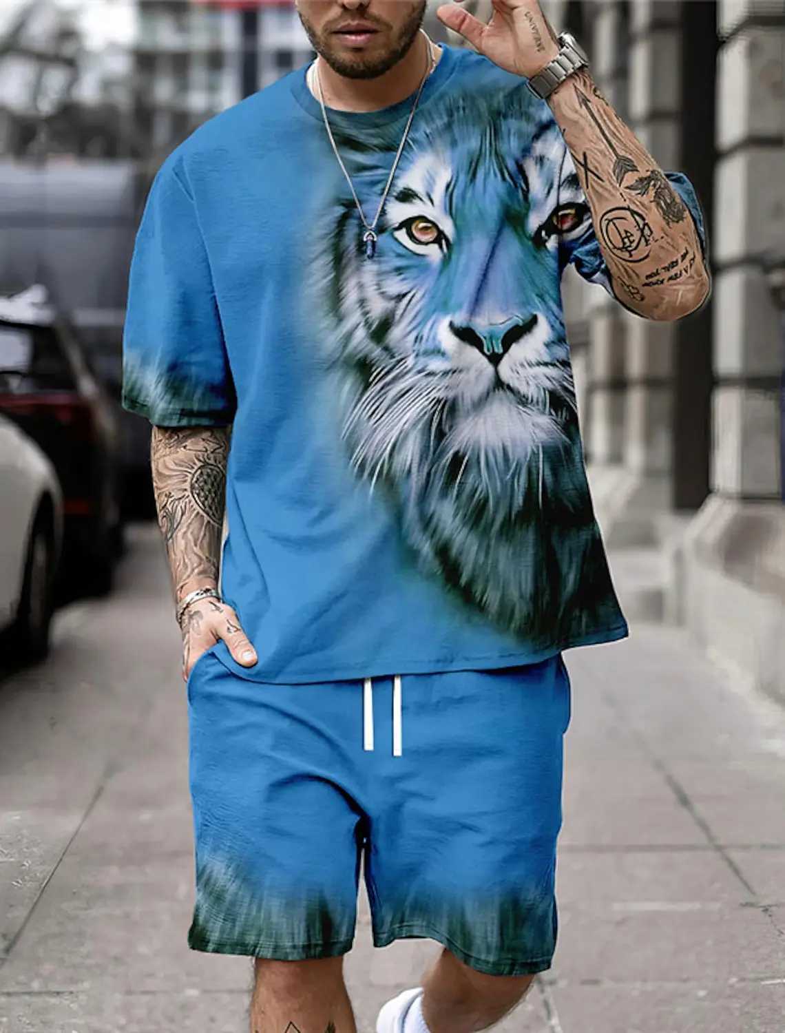 Survêtements pour hommes Summer Mens Track and Field Costume Cool Lion 3D imprimé T-shirt à manches courtes 2 pièces de vêtements de sport décontractés vêtements pour hommes à la mode J240305