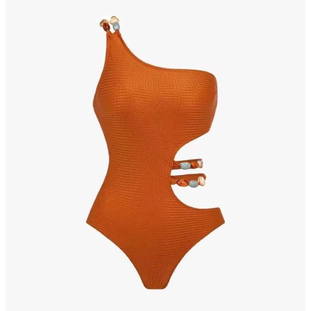 Maillot de bain asymétrique épaule dénudée perlée + jupe pour femmes, deux pièces, ajouré, vêtements de plage, Sarong, ensemble Bikini, été
