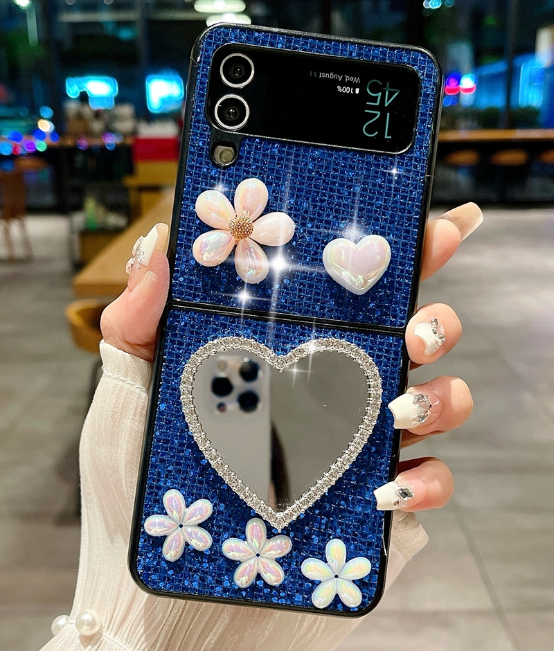 Zflip5 Bling Diamond Mirror Cases for Samsung Galaxy Z Fold 5 4 Flip 3 Flip5 3d Heart Love Flower Girls Lady Hard Pc Plastic Plastic Planchpling قابلة للطي غلاف هاتف لامع فاخر