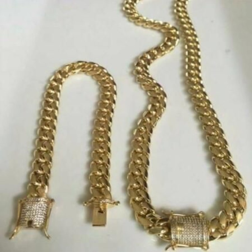 Ensemble de bracelets à maillons cubains Miami pour hommes, plaqué or 18 carats, fermoir diamant 14 mm237F