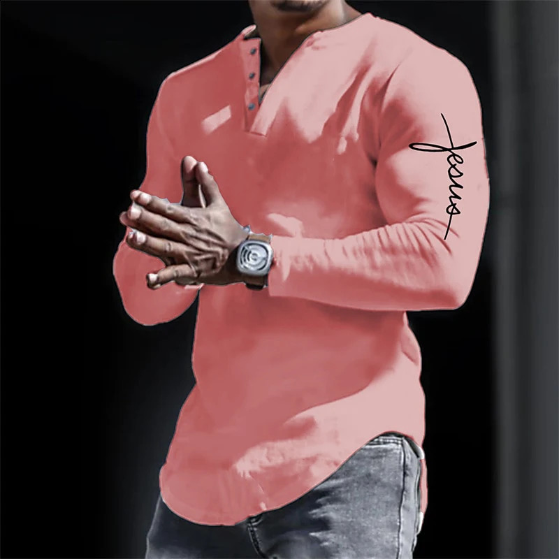 Primavera Henley Camisas Jesus Cristo Cruz 3D Impressão Streetwear Mens Vintage ButtonDown Manga Longa Camiseta Homem Tees Tops Roupas 240223