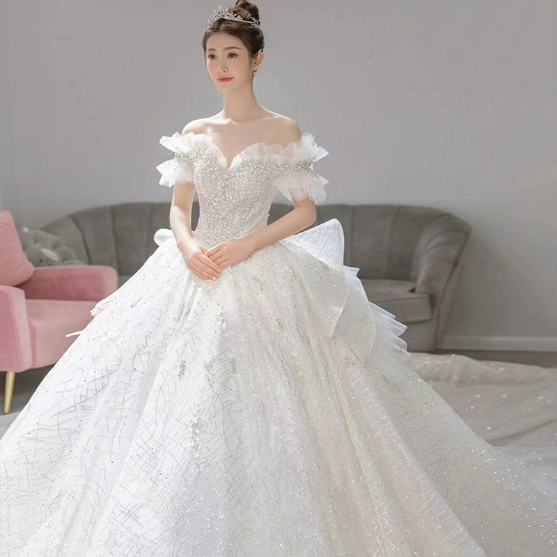 Exquise Une Ligne Robe De Mariée Avec Voile Pour Princesse Chérie Bateau Perles Applique Paillettes Robe De Mariée Balayage Train Robe De Novia Taille Personnalisée