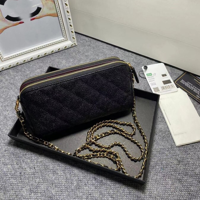 Ny handväska toppklass Plånbok dubbel blixtlås kedjepåse fast färg kaviar mönster telefonväska avtagbar ett paket multifunktionell toppkvalitetsmodell 82527 Storlek 18.5 * 9 * 4,5 cm