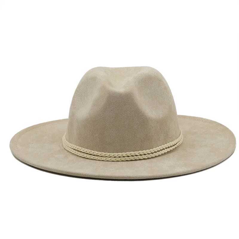 Wide Brim Hats Bucket Hats New Velvet Fedora Womens Hat 8cm Wide Brim Panama Western Cowboy Hat Winter Jazz Church Straw Hat J240305