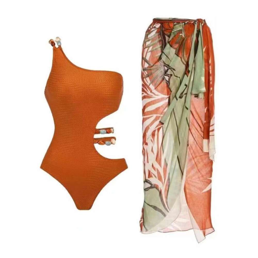 Maillot de bain asymétrique épaule dénudée perlée + jupe pour femmes, deux pièces, ajouré, vêtements de plage, Sarong, ensemble Bikini, été