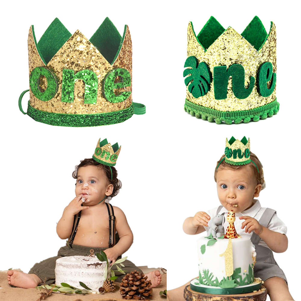 New Jungle Safari Happy Kids ONE 1 Year Old Crown Headband Hat Baby Shower 1St Birthday Party Supplies