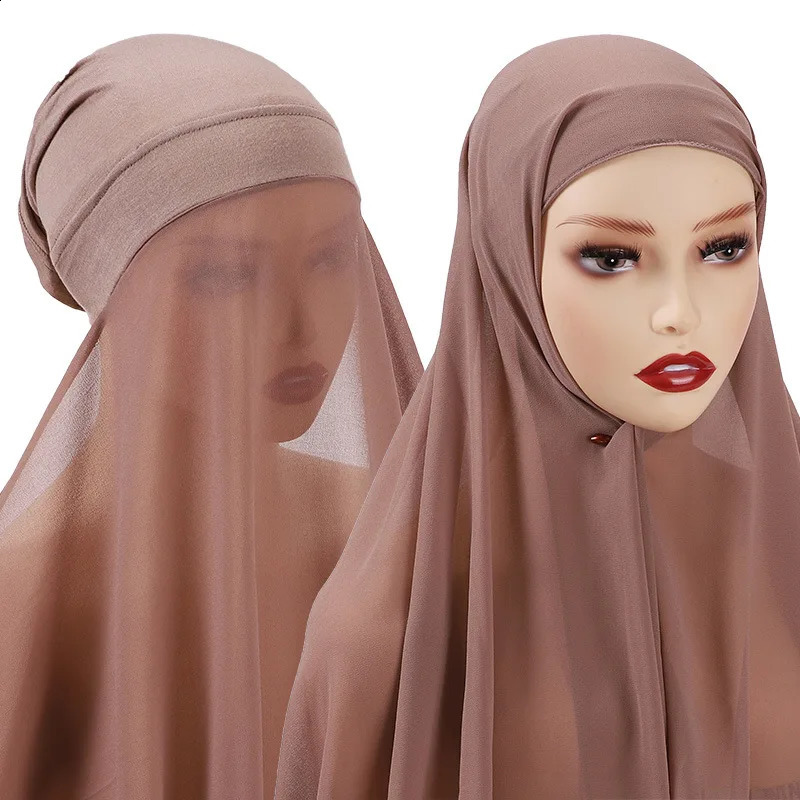 Hijab met onderkap bevestigd chiffon hijab sjaal instant hijab moslim vrouwen mode headwrap sjaals tulband hijab voor vrouwen 240301