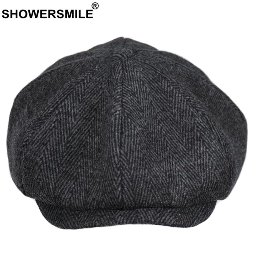 SHOWERSMILE Brand Wool Newsboy Caps Men Grey Herringbone Flat Caps Women Coffee British Gatsby Cap Autumn Winter Woolen Hats280p