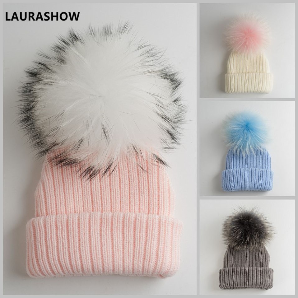 LAURASHOW Bambini Pelliccia invernale Pompon Berretto con cappuccio in pelliccia Ragazzi Ragazze Beanie Pelliccia lavorato a maglia Cappello di lana bambini D18110601248O