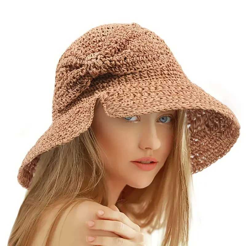 Wide Brim Hats Bucket Hats Grass bow sewn sun hat elegant retro crochet bucket hat foldable UV protection tourist beach hat spring/summer J240305