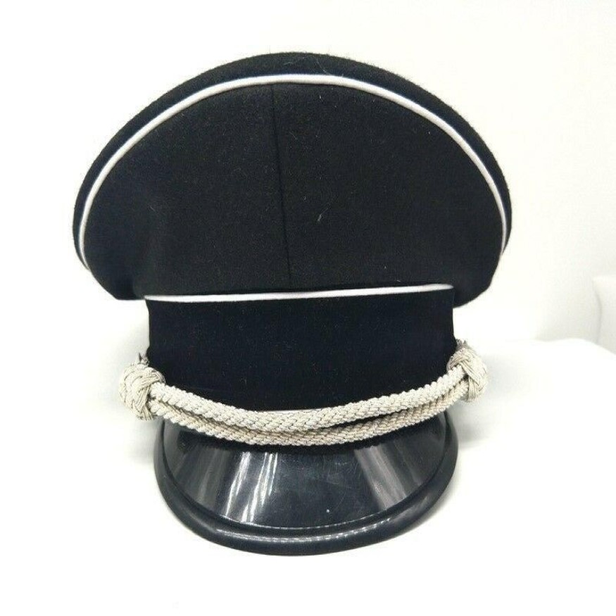 Chapeaux à large bord WWII officier d'élite allemand chapeau de chapeau de chapeau de chapeau de menton noir cordon d'argent 57 58 59 60 61cm reproduction militaire304j