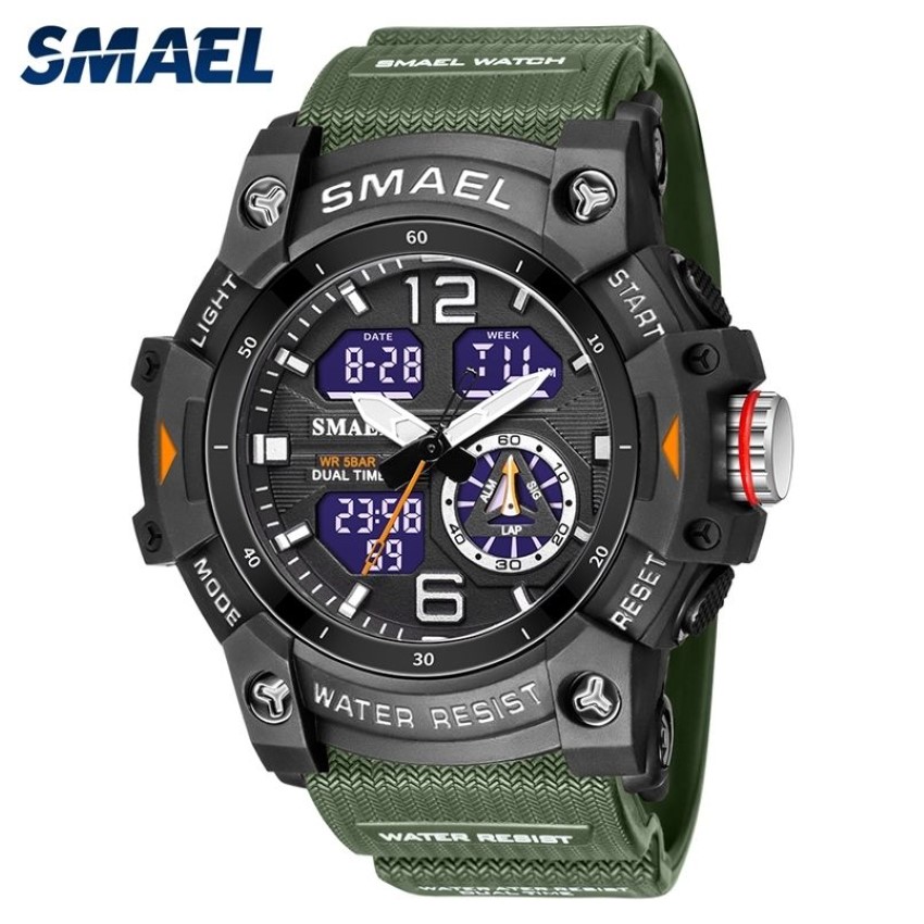 SMAEL double temps hommes montres 50 m étanche montres militaires pour homme 8007 résistant aux chocs Sport montres cadeaux Wtach 220421217I