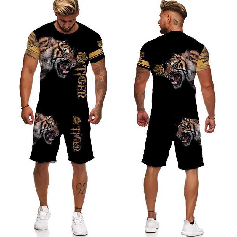 Herrspårar Summer Tracksuit T-shirt Shorts Animal Tiger Printed Outfits Sports Suit Overized Casual Streetwear Man Sets Clothing J240305