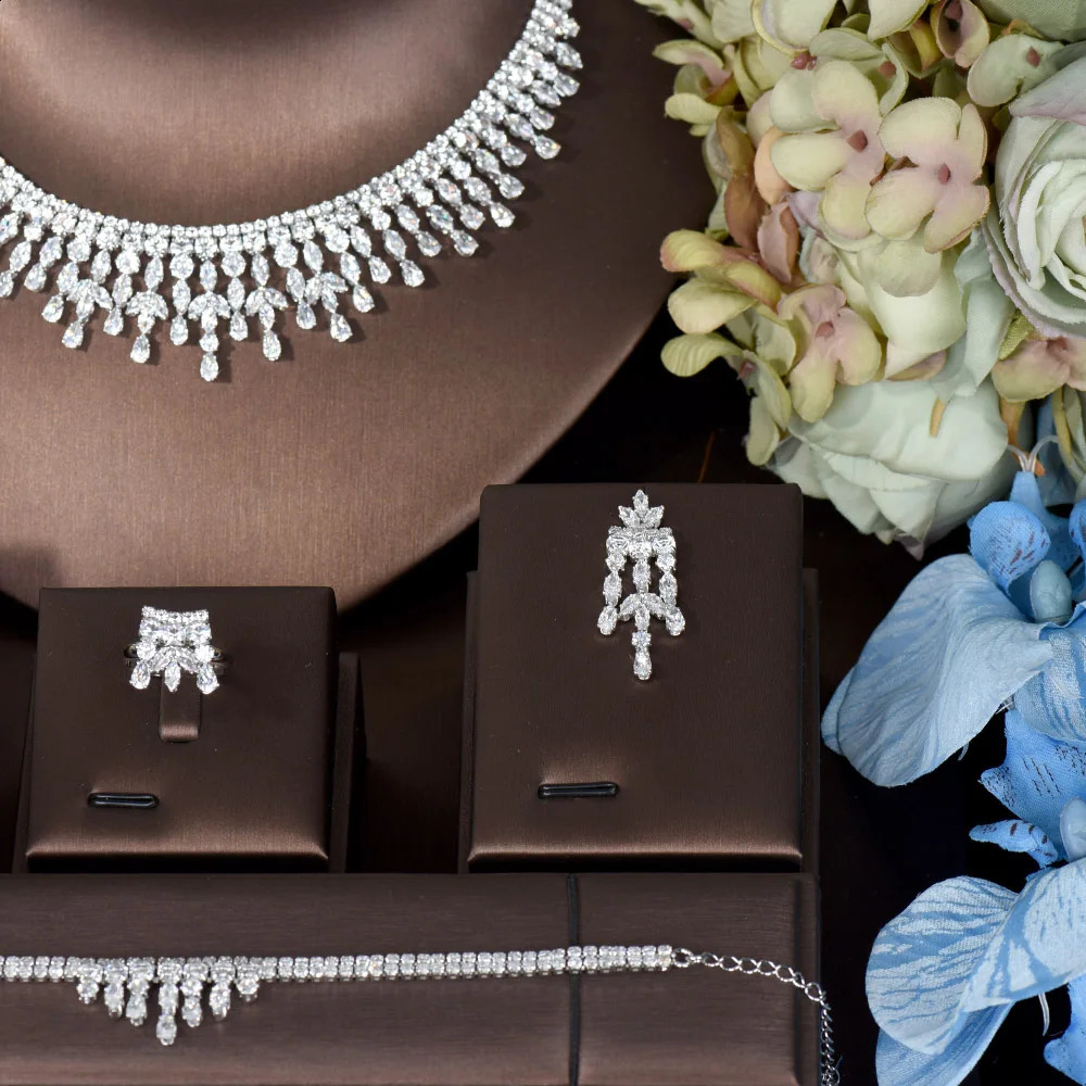 Hibride Fashion Leaf Jewelry Sets for Dubai Women Bridal Wedding CZ Earing Necklace Parrure Bijoux Femme Mariage N-1516 240228