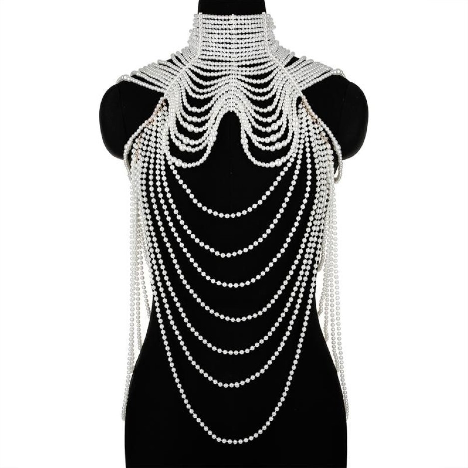 Cravates de cou 449B Femmes Multi Couches Simulé Perle Bib Collier Collier Perlé Gland Faux Cuir Épaule Chaîne Soutien-Gorge Top Corps Jewe275B