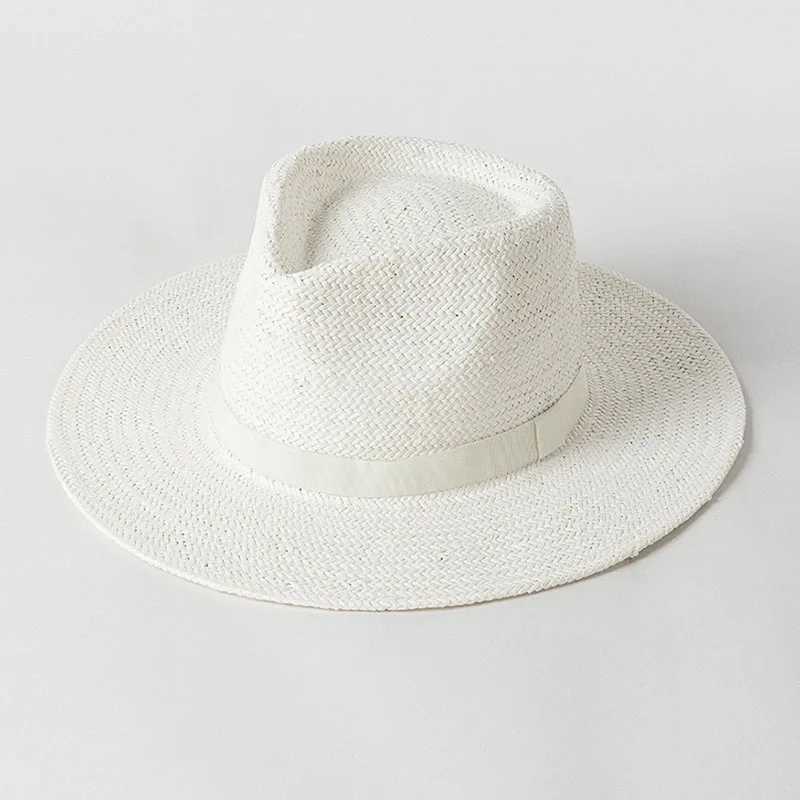 Breda brimhattar hink hattar 2023 Nytt vanligt band Panama Straw Hats for Women Summer Beach Hats Wide Brim Sun Hat Funeral Church Derby Fedora Cap Upf50+ J240305