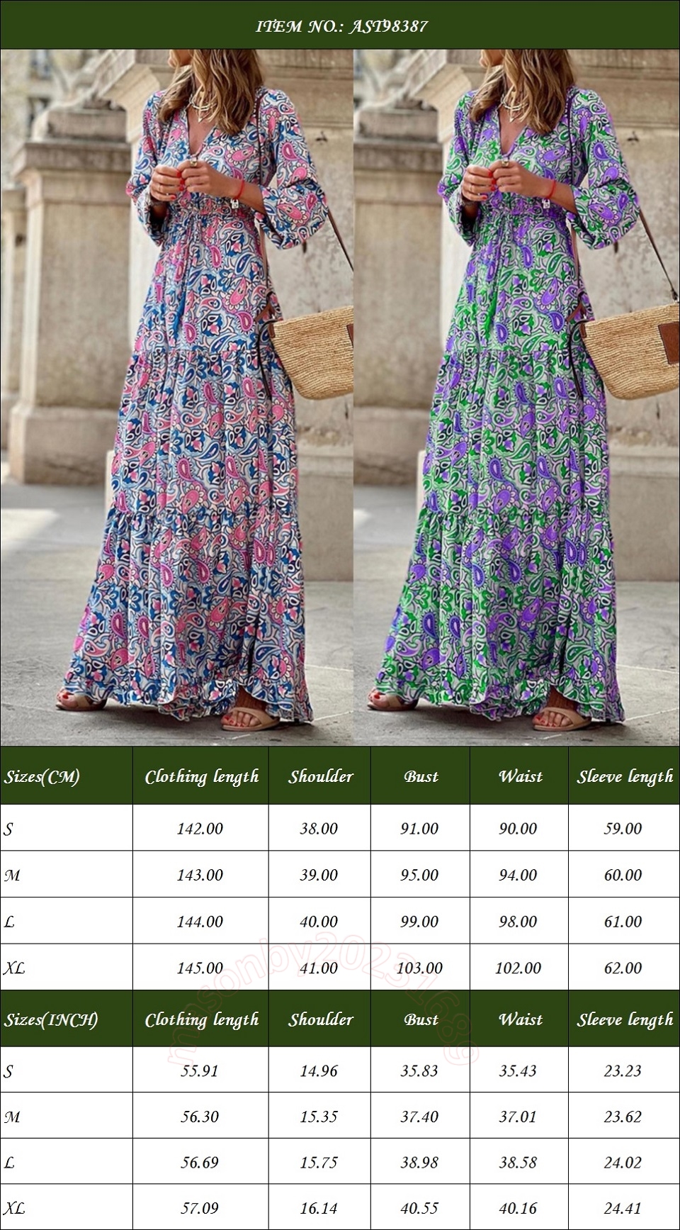 Новое поступление, женское платье миди в богемном стиле с v-образным вырезом и длинными рукавами, винтажное широкое свободное платье с цветочным принтом, зеленая роза, красные цвета, размеры от S до XL