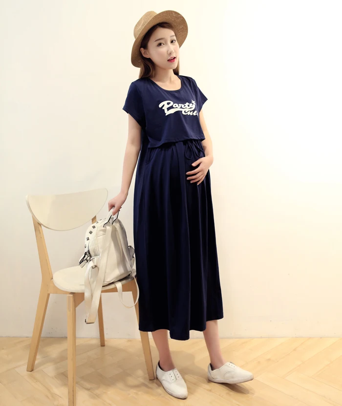 Dresses 2022 Summer Maternity Cotton Nursing Dress Short Sleeve ONeck Drawstring Waist Postpartum Woman Lactation Clothes Breastfeeding