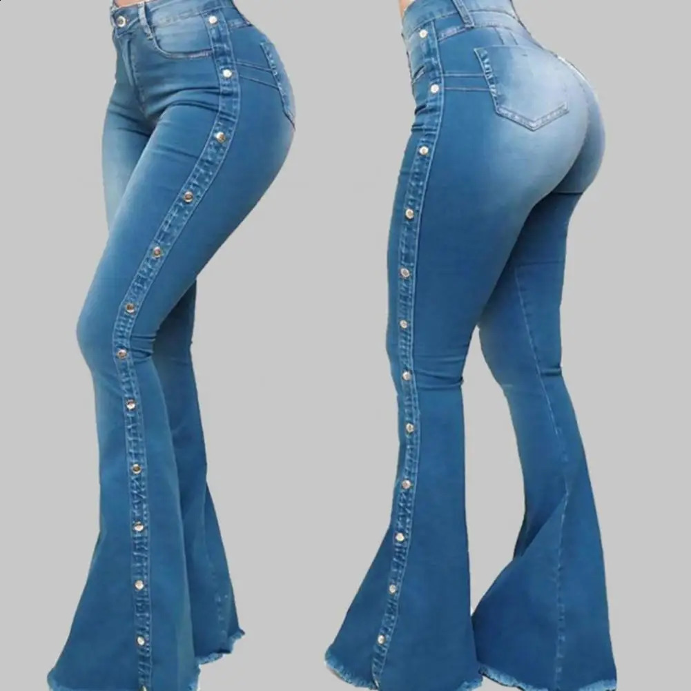 Mittlere Taille Stretch Flare Jeans Frauen Denim Hosen Breites Bein Buttlift Casual Koreanischen Stil Dünne Bell-Bottom-Taschen Hosen 240305