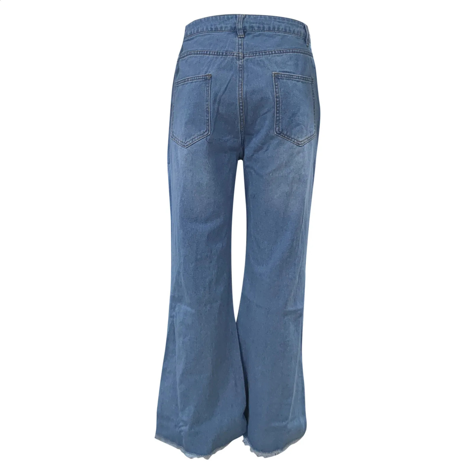 Kvinnor denim jeans kvinnor byxor hål knapp elastisk midja hög lös med fickor Vetement Femme 240305