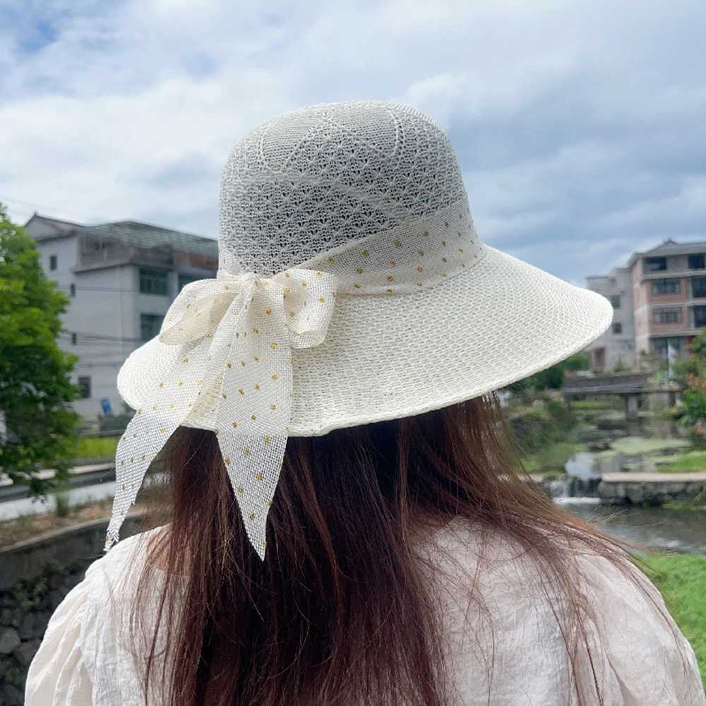 Wide Brim Hats Bucket Hats Fashionable Foldable Wide Brim Sun Hat Girls Woven Straw Hat Ribbon Bow Beach Hat Outdoor Sun Protection Hat J240305