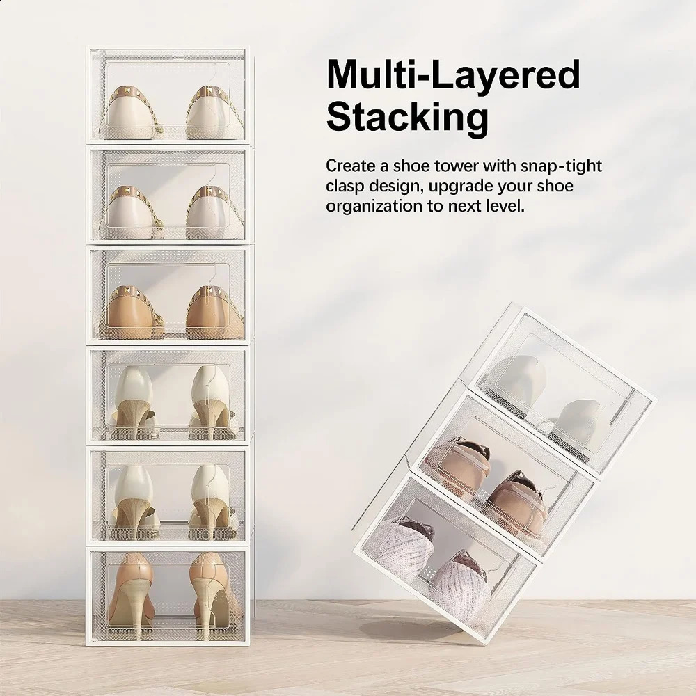 12 Pack Shoe Storage Box Clear Plastic Stapelbar Shoe Organizer för garderobssko Rack Sneaker S Passar upp till storlek 14 Rensa 240229