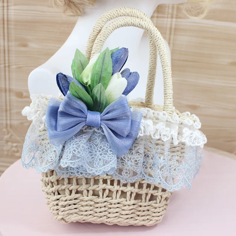 Original tulipán sombrero de paja accesorios lolita cesta hecha a mano Mori niña viaje po bolso tejido mujer flor bolso mensajero 240301