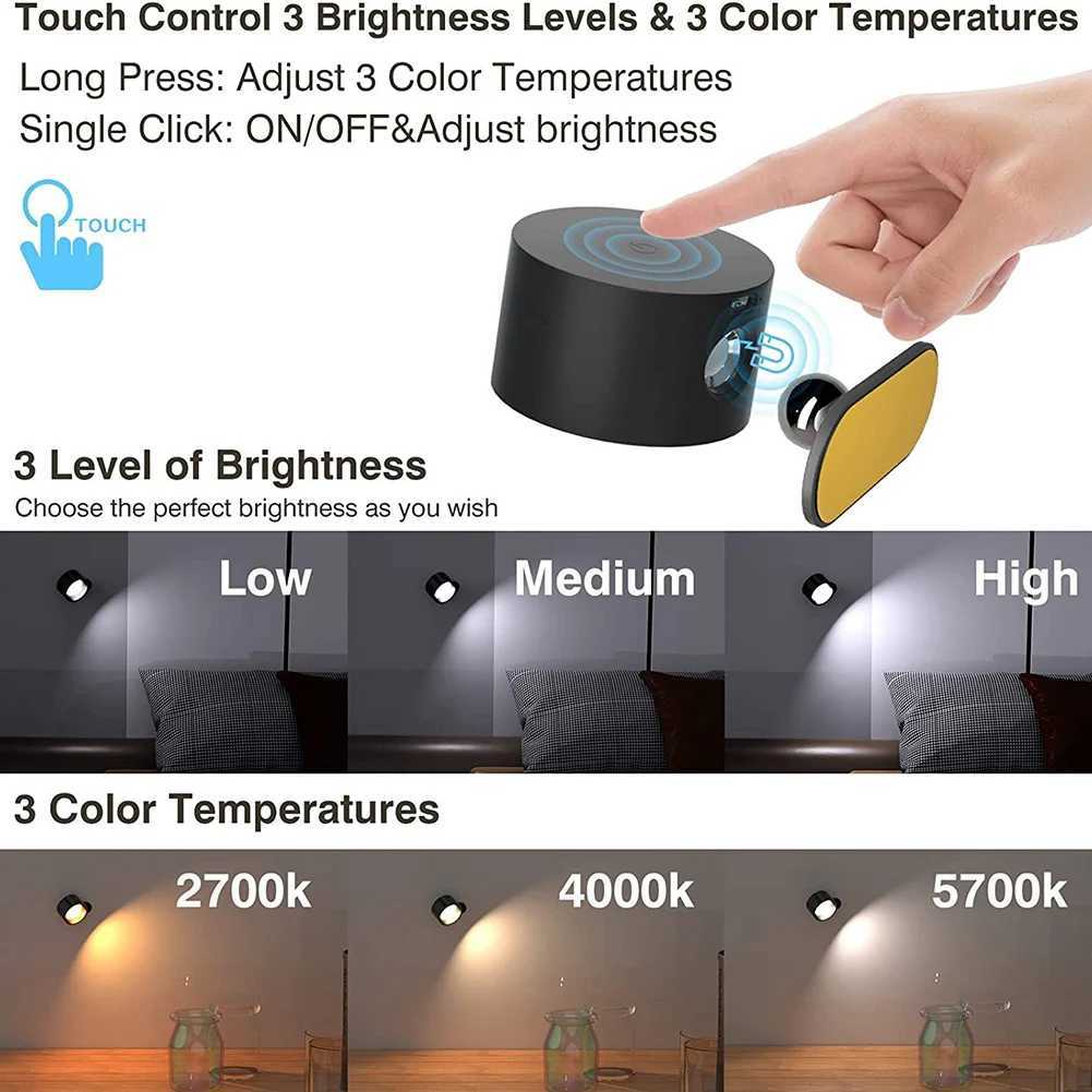 Lampada da parete Lampada da parete a LED ricaricabile USB Touch Cordless Lampada da parete a parete Lampada da lettura con rotazione a sfera a 360 °