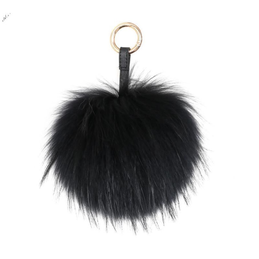 Keychains fluffy äkta päls boll nyckelring puff hantverk diy pompom svart pom keyring uk charm kvinnor väska tillbehör gåva287m