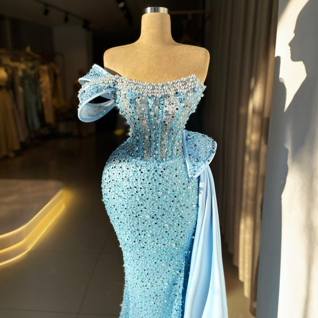 African Light Blue Evening Dresses for Special Occasions Prom Dresses Mermaid Pearls Sequined Lace Women Formal Dress Birthday Party Gowns For Black Girls NL595