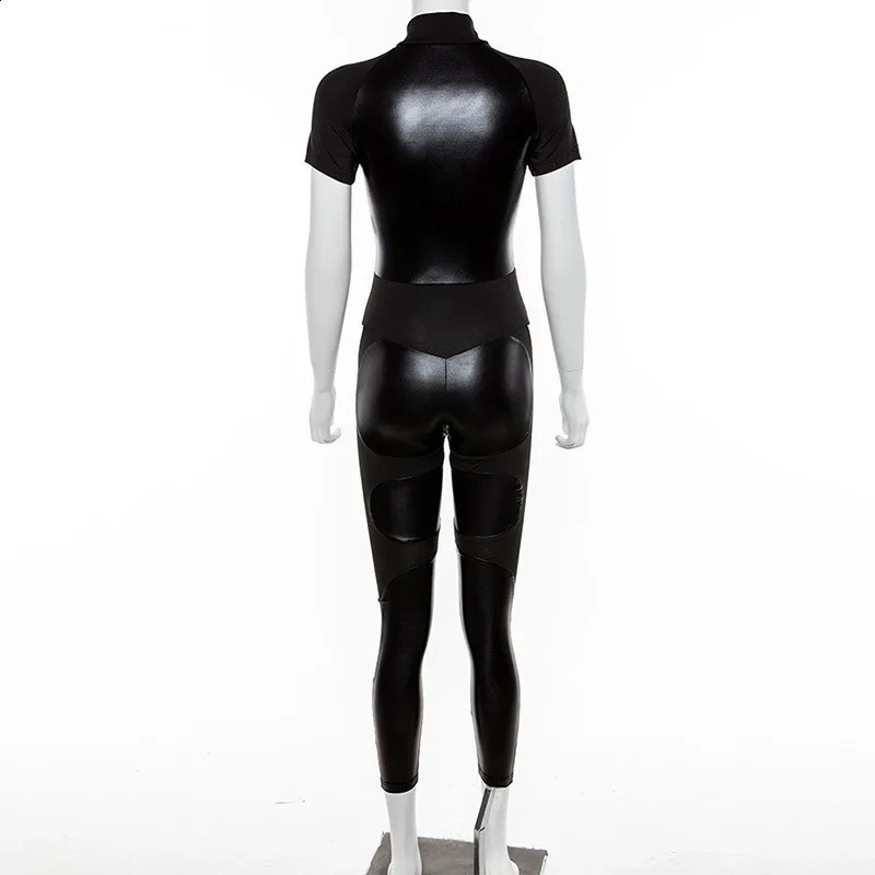 Macacão de retalhos feminino manga curta macacão para mulher roupa de couro do plutônio agasalho xs xl preto mujer femme 240301