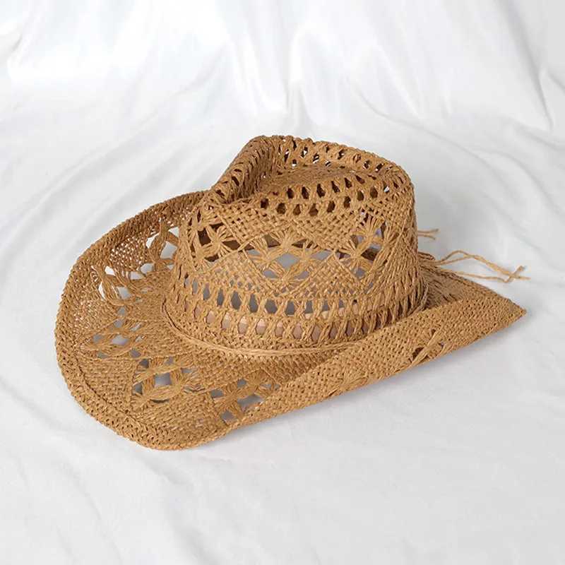 Ampla Brim Chapéus Bucket Chapéus Chapéu de Cowboy Moda Oco Handmade Cowboy Chapéu de Palha Mens Verão Ao Ar Livre Viagem Praia Chapéu Unissex Cor Sólida Western Cowboy Hat J240305