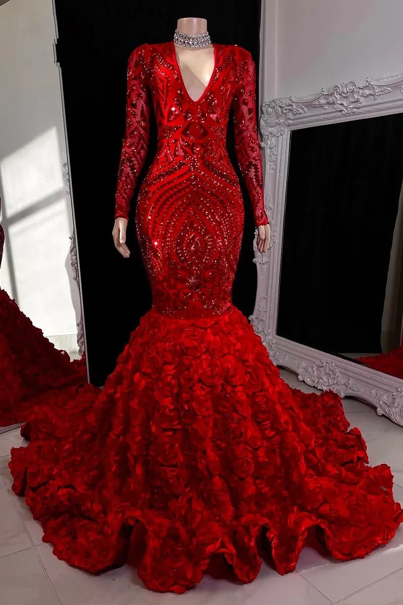 2023 Burgundy Lace Sequin Mermaid Prom Dresses Black Girls V Neck Long Sleeves Sweep Train Formal Evening Gowns Real Image BC15403 GJ0315