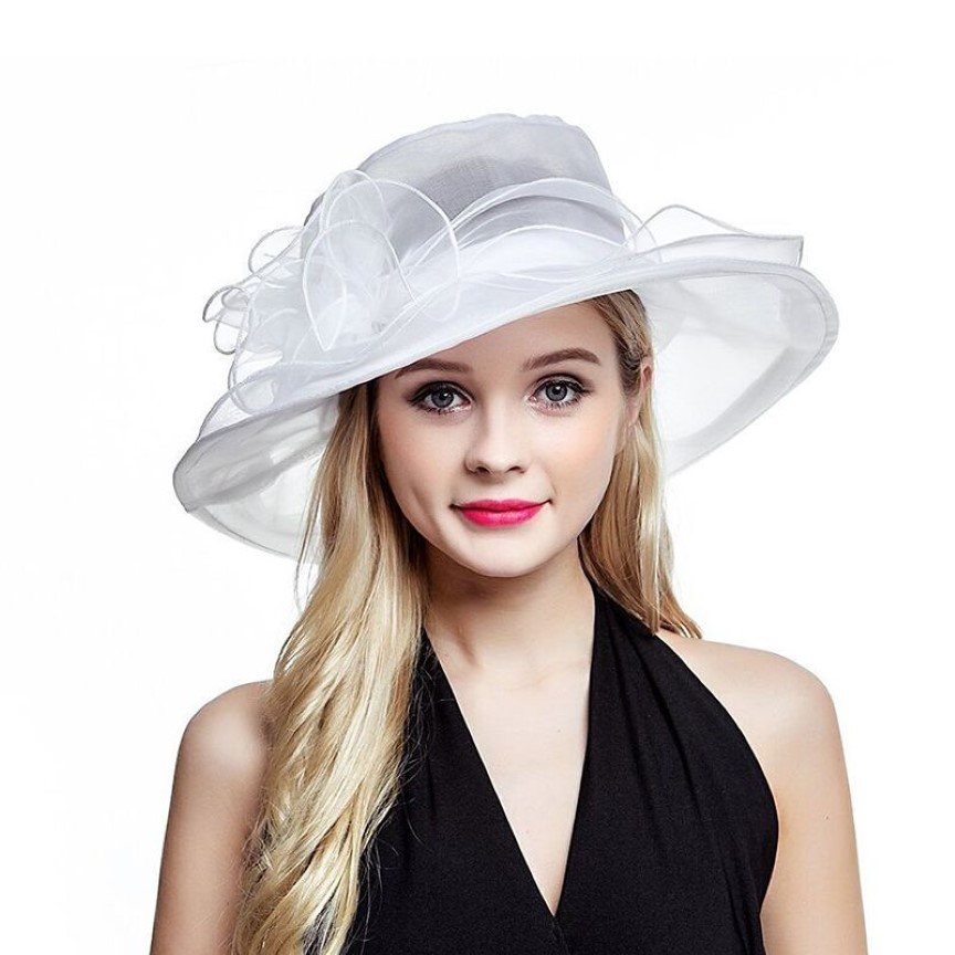 Lawliet weiße Sommerhüte für Damen, Organza, breite Krempe, für Sonne, Kentucky Derby, Hochzeit, Kirche, Party, Blumenhut, Kappe A002, Y200619239H