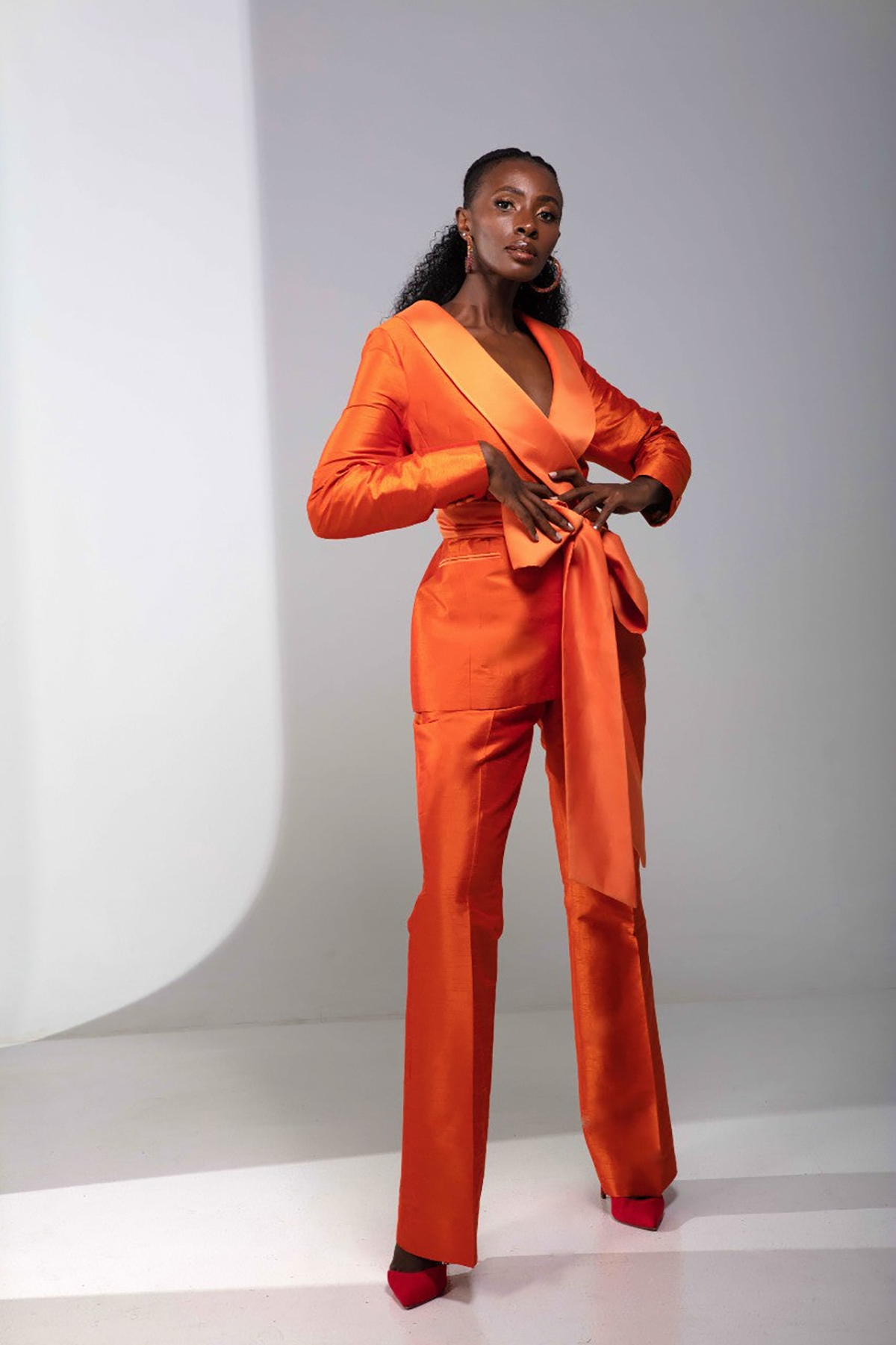 Bright Orange Women Pants Suits Summer Fashion Show Ladies Blazer Jacket Guest Wear With Sashes 