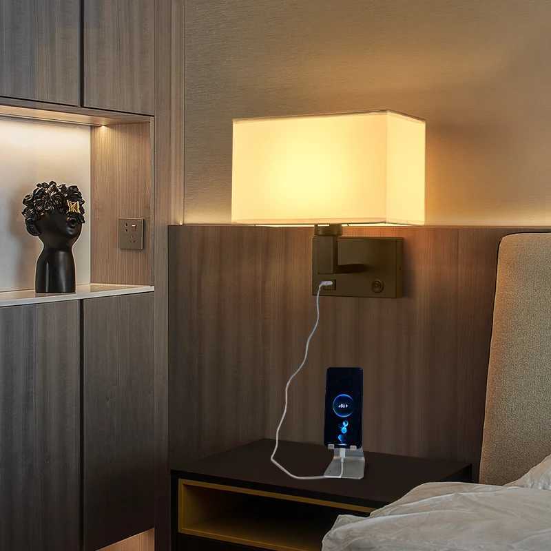 Lampada da parete Lampade da parete con interruttore Caricatore rapido USB Lampada da parete da comodino Lampada da parete moderna Nordic camera da letto Paralume a i E27 85-285V