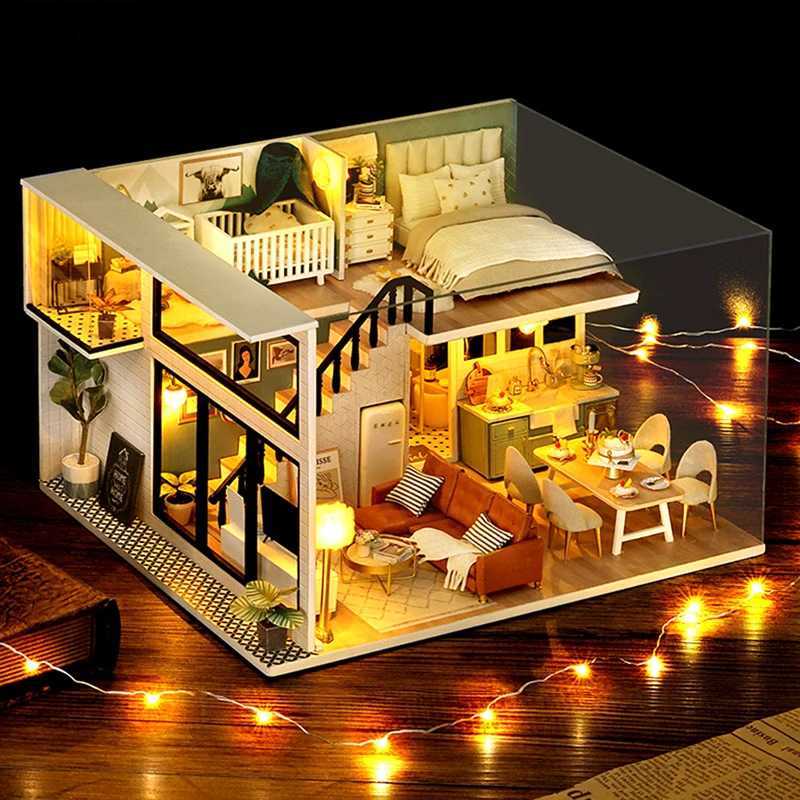 Arquitetura/casa de bonecas diy kit com móveis luzes led diy casa em miniatura para construir pequena casa de boneca tempo aconchegante para crianças brinquedo presente