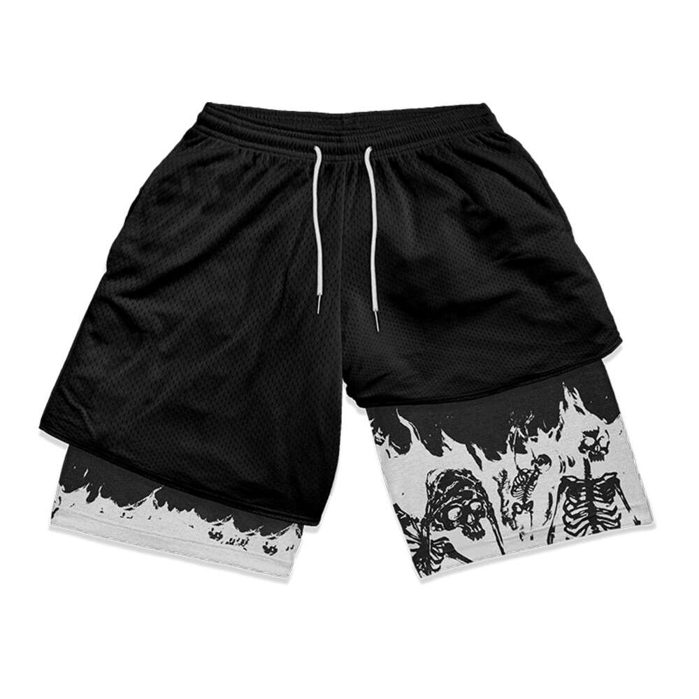 Y2K Gothic Punk Skull Print 2 i 1 för män Gym Athletic Performance Shorts med fickor Summer Workout Fiess Running