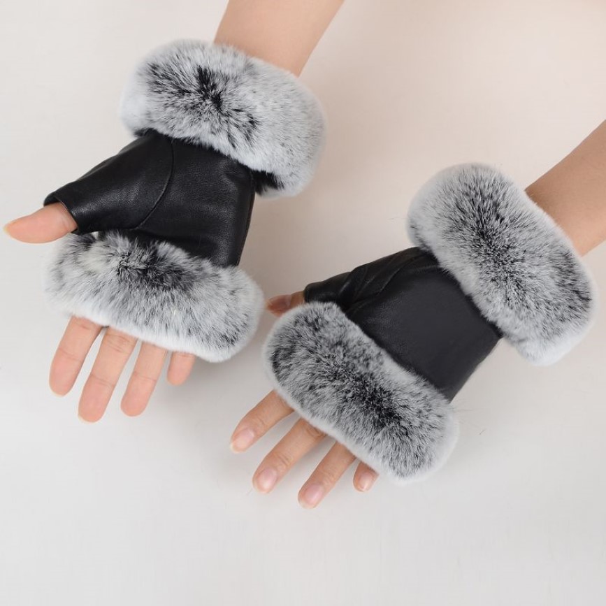 Gants en cuir véritable noir demi-doigt, mode hiver, peau de mouton, fourrure, demi-doigt, gants sans doigts, bouche en fourrure 352F