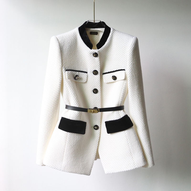 Femme col montant taille fine avec ceinture bloc de couleur simple boutonnage moyen long manteau laine casacos SMLXLXXL