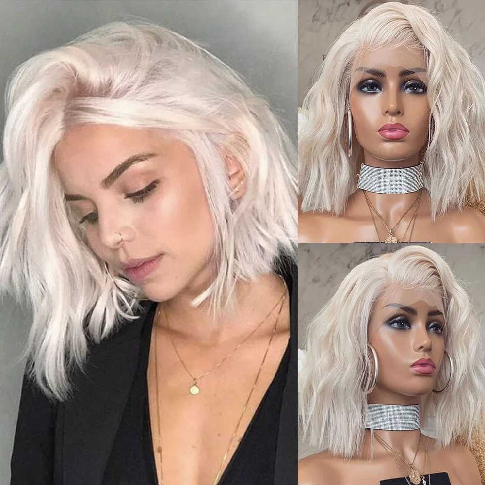 Parrucche capelli Biondo bianco Onda naturale Parrucche sintetiche Capelli corti Lunghezza alle spalle Parrucca anteriore in pizzo Fibra termica Cosplay quotidiano Abbigliamento donna 240306