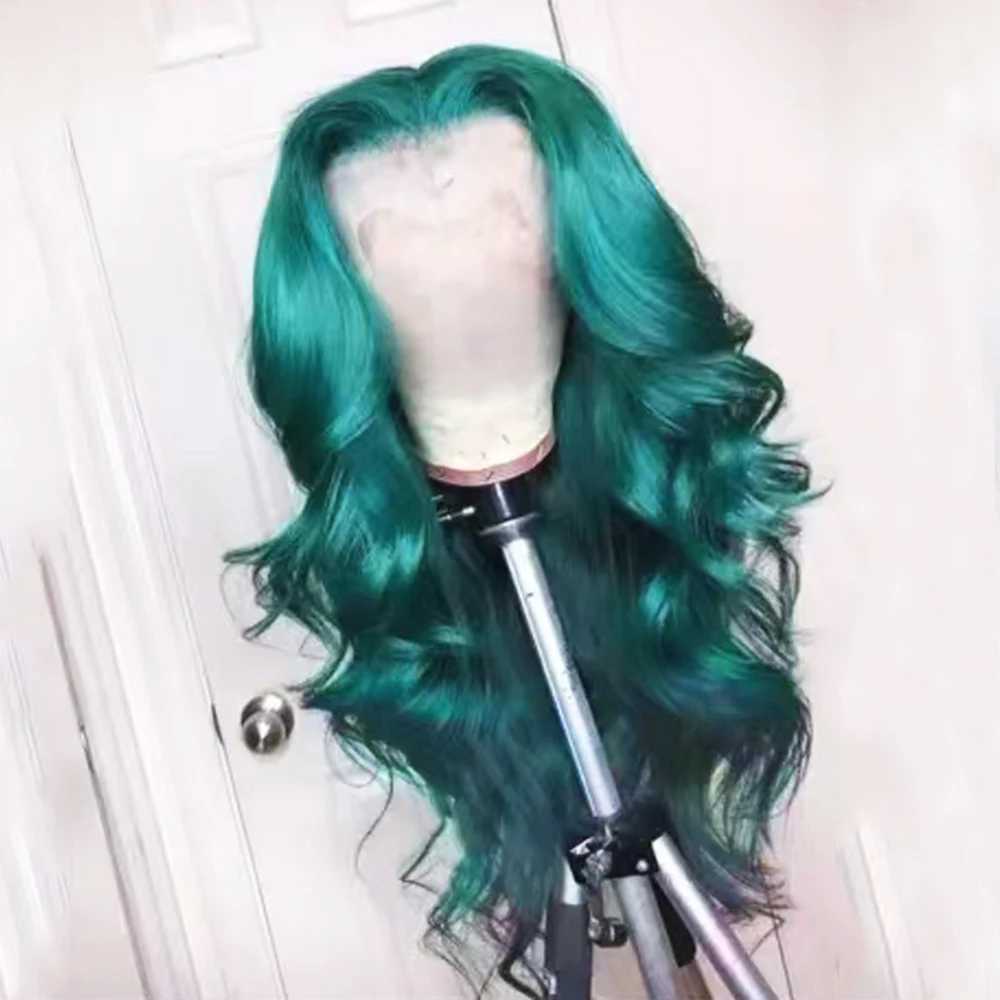 Saç perukları koyu yeşil renk vücut dalgası sentetik dantel ön peruklar uzun dalgalı doğal parlak fiber peruk kadın cosplay yeşil saç kullanıyor 240306
