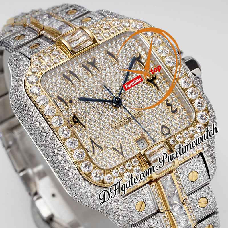 40 mm XL Pave Diamond-Set A2824 Montre automatique pour homme TWF Deux tons en or jaune Diamants taille baguette Cadran avec écriture arabe Bracelet en acier glacé Super Edition Puretime