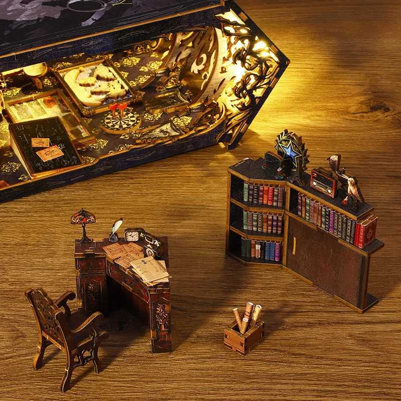 Architecture/DIY House DIY Wooden Book Nook Shelf Insert Kit Dollhouse Miniature Detective Societ Bookends Doll Houses Bookshelf Handmade Crafts Gifts