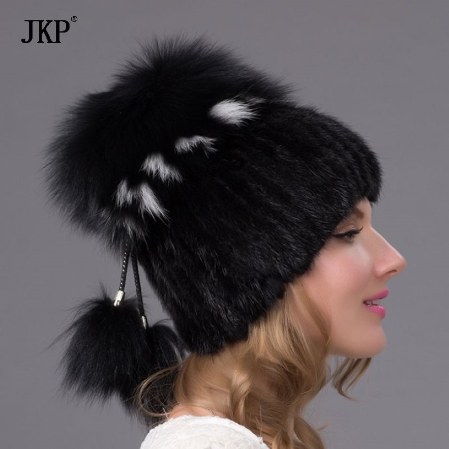 women knitted Mink Fur Hat styles female fur Cap with fox fur pompom lining Women Winter Headwear girls hats for beanies DHY-25 D1262b