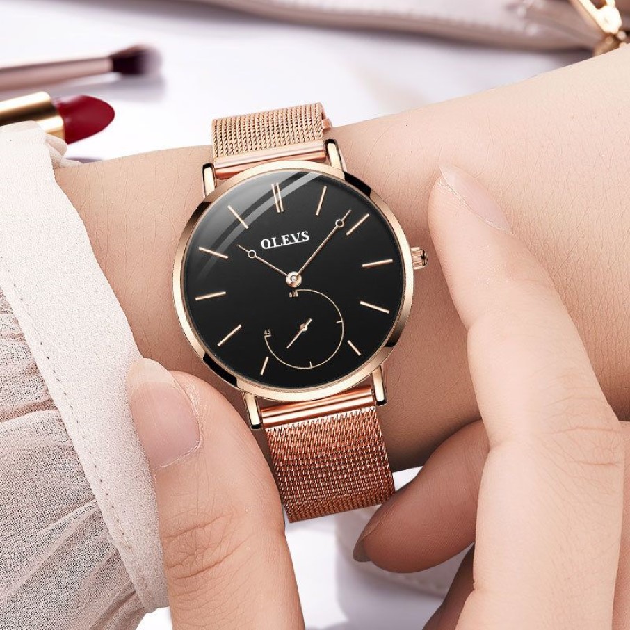 Reloj Mujer mode montre à quartz femmes noir décontracté dames robe montres or rose maille en acier inoxydable femme horloge Uhr Y19274d