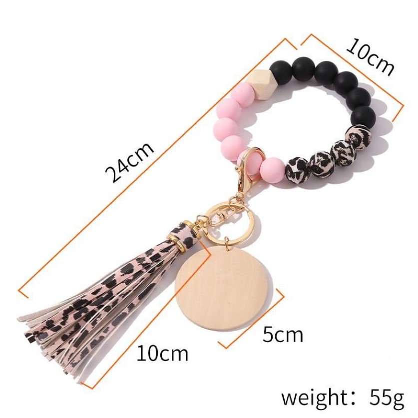 Keychains Womens Keyrings Wood Blank Disc Wristlet Key Ring Holder Silicone Bead Tassel Bracelet Bangle Keychain240W