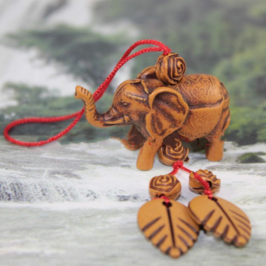 Lucky Elephant Carving Wooden Pendant Keychain Key Ring Chain Evil Defends Gift3032