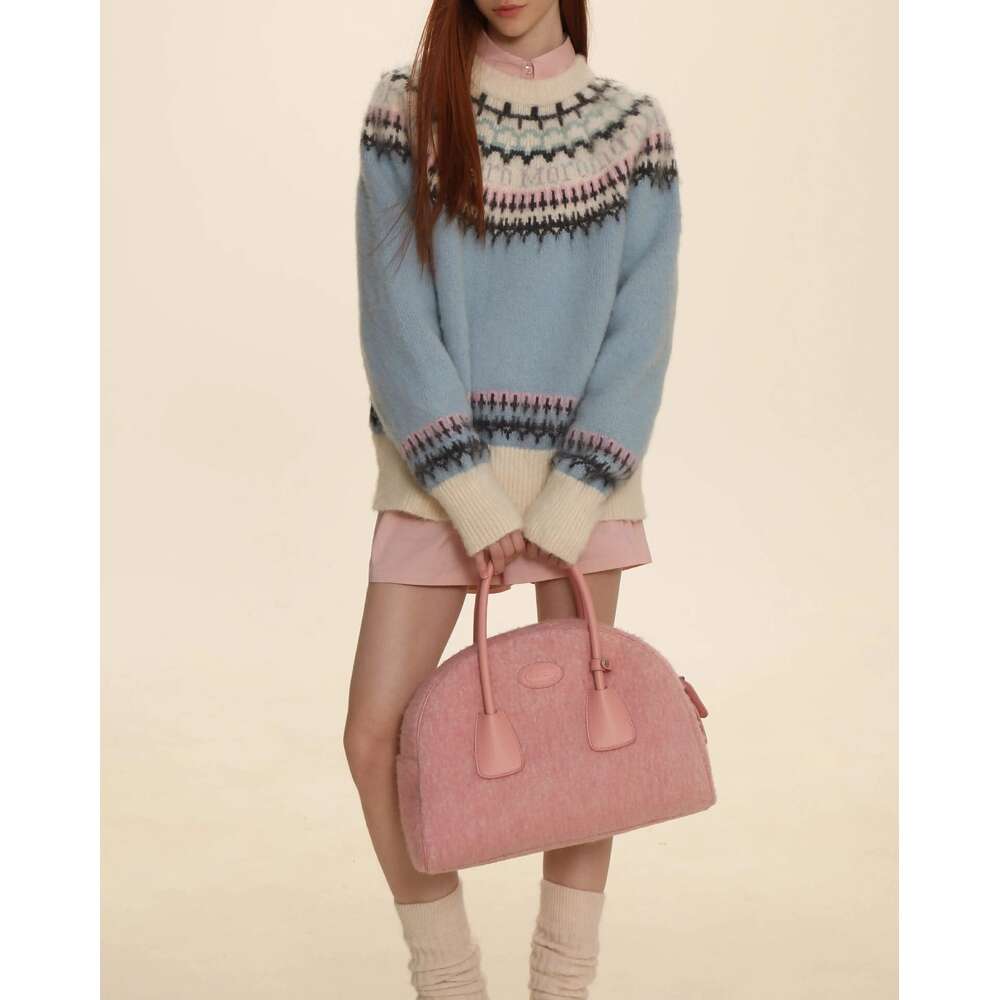 Autumn And Winter New Fairy Island Round Neck Sweater Women's Lazy Breeze Cream Color Retro Color Blocking Knitwear 245