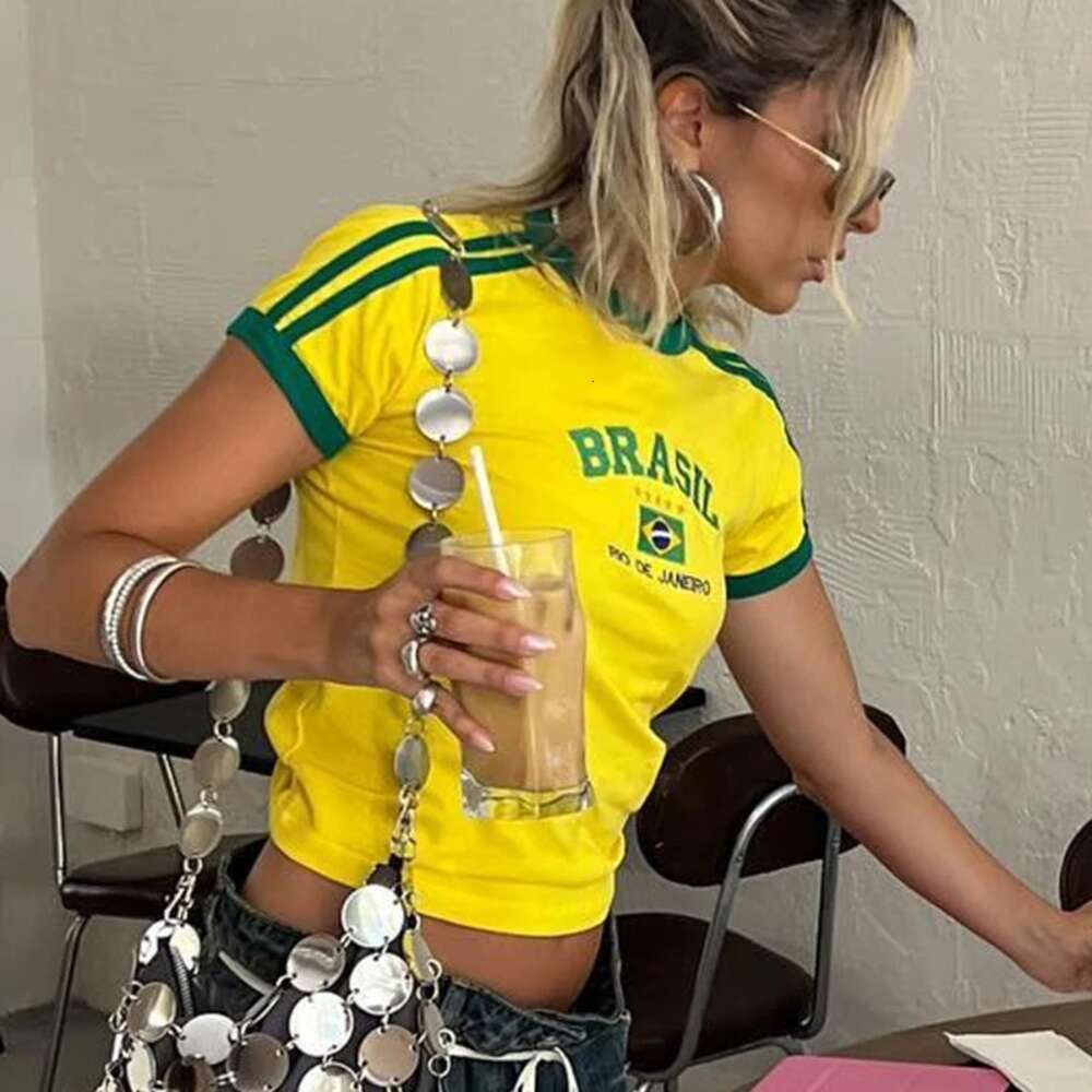 2024 Summer T-shirt for Women Brazil Letter Aesthetic 90's Crop Tops Casual Short Sleeve Tee Kpop Streetwear Vintage Y2k Clothes